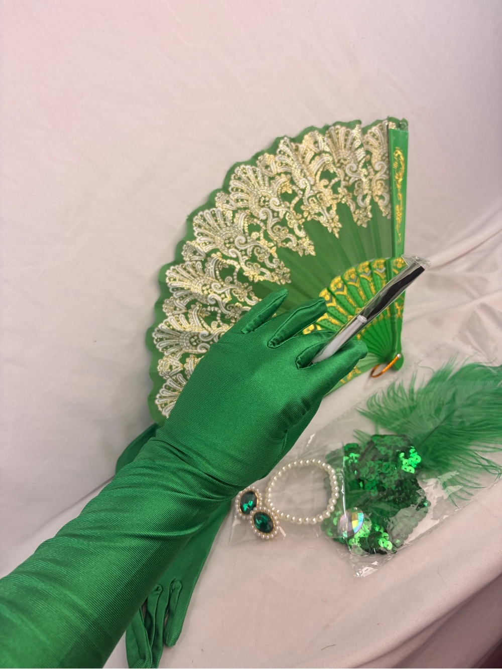Elegant Green Satin Opera Gloves with Matching Fan and Accessories